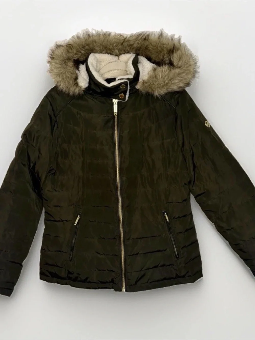 Michael Kors Olive Green Puffer Jacket with Faux Fur Trim